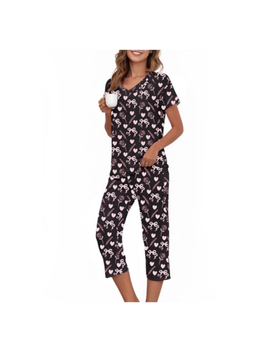 Women's 2-Piece Pajama Set Short Sleeve V-Neck Top Capri Pants Sleepwear